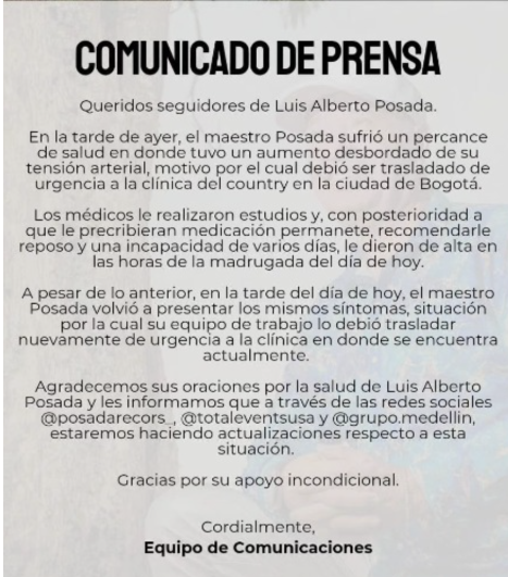 Luis Alberto Posada fue hospitalizado de urgencia en Bogotá